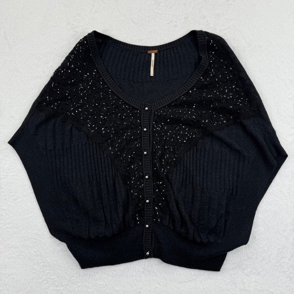 NWOT Free People‎ Womens L Sequined Cardigan Sweater Black Button Front Knit Top